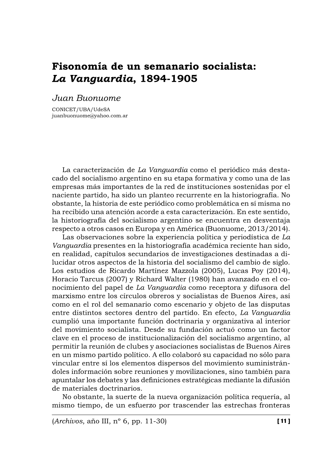 Fisonomía De Un Semanario Socialista: La Vanguardia, 1894-1905