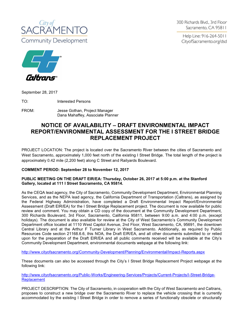 Notice of Availability – Draft Environmental Impact Report/Environmental Assessment for the I Street Bridge Replacement Project