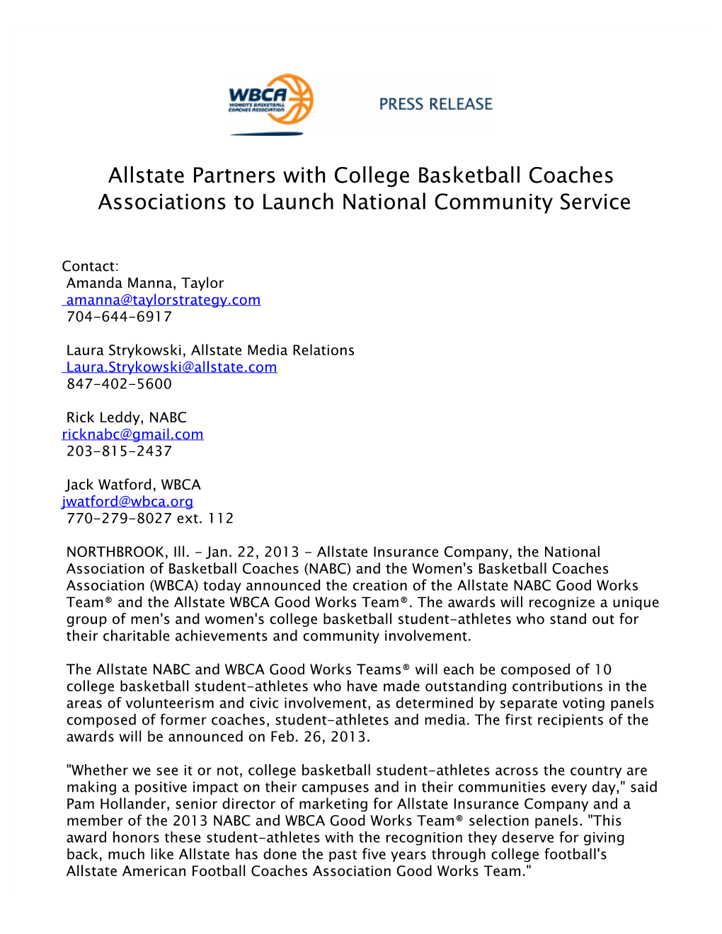 Allstate Partners with College Basketball Coaches Associations to Launch National Community Service 2012-13 012213