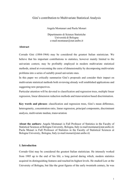 Corrado Gini and Multivariate Statistical Analysis: the (So Far) Missing Link, in Between Data Science and Applied Data Analysis (Eds