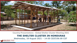 Global Shelter Cluster Meeting 2021 the SHELTER CLUSTER in HONDURAS Wednesday, 18 August 2021 – 14:00 CEST/06:00 CST Agenda