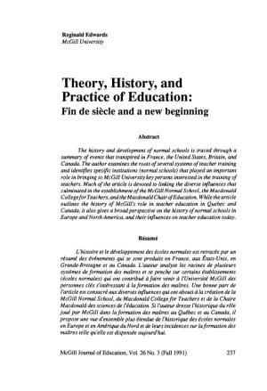 Theory, History, and Practice of Education: Fin De Siècle and a New Beginning