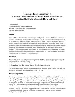 Horse and Buggy Crash Study I: Common Crash Scenarios Between a Motor Vehicle and the Amish / Old Order Mennonite Horse and Buggy