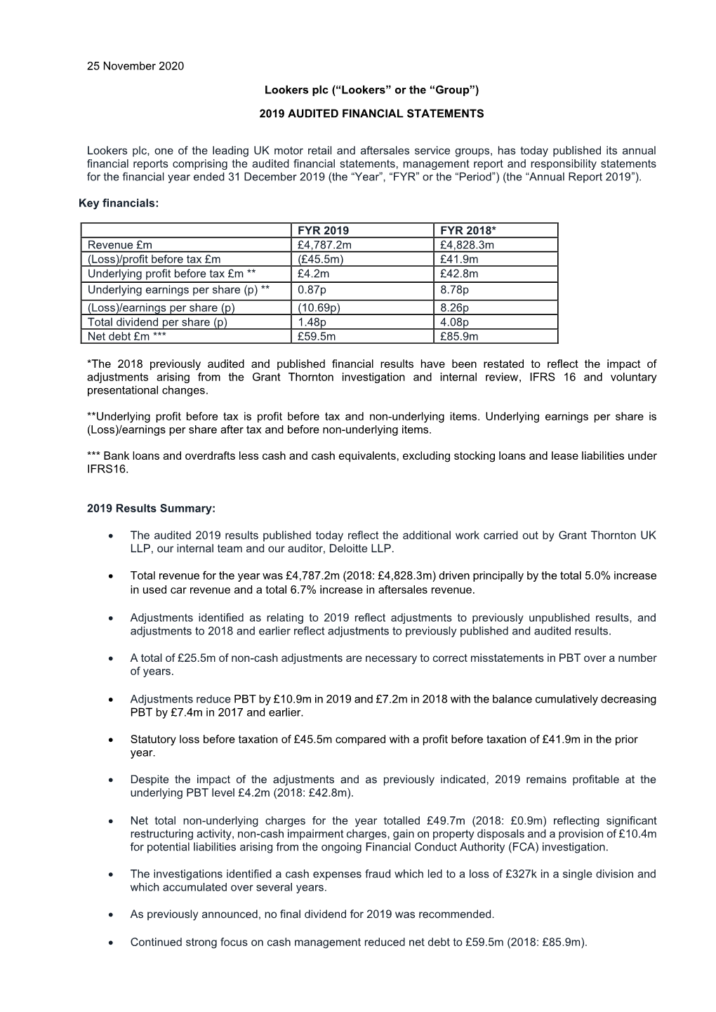 25 November 2020 Lookers Plc (“Lookers” Or the “Group”) 2019 AUDITED FINANCIAL STATEMENTS Lookers Plc, One of the Leadin