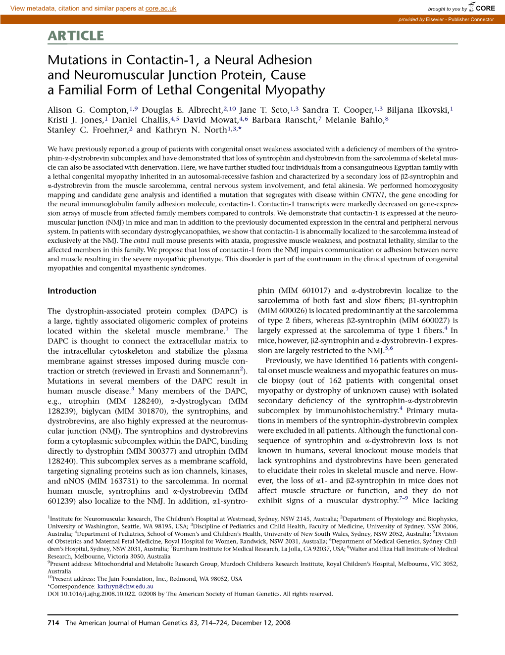 Mutations in Contactin-1, a Neural Adhesion and Neuromuscular Junction Protein, Cause a Familial Form of Lethal Congenital Myopathy