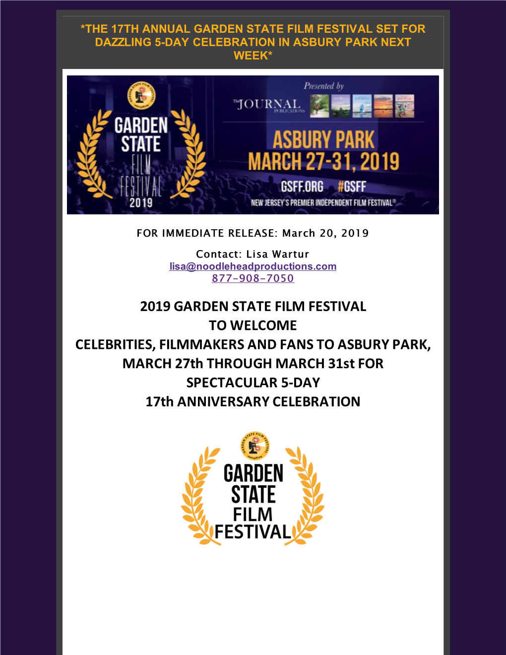 2019 Garden State Film Festival to Welcome Celebrities, Filmmakers