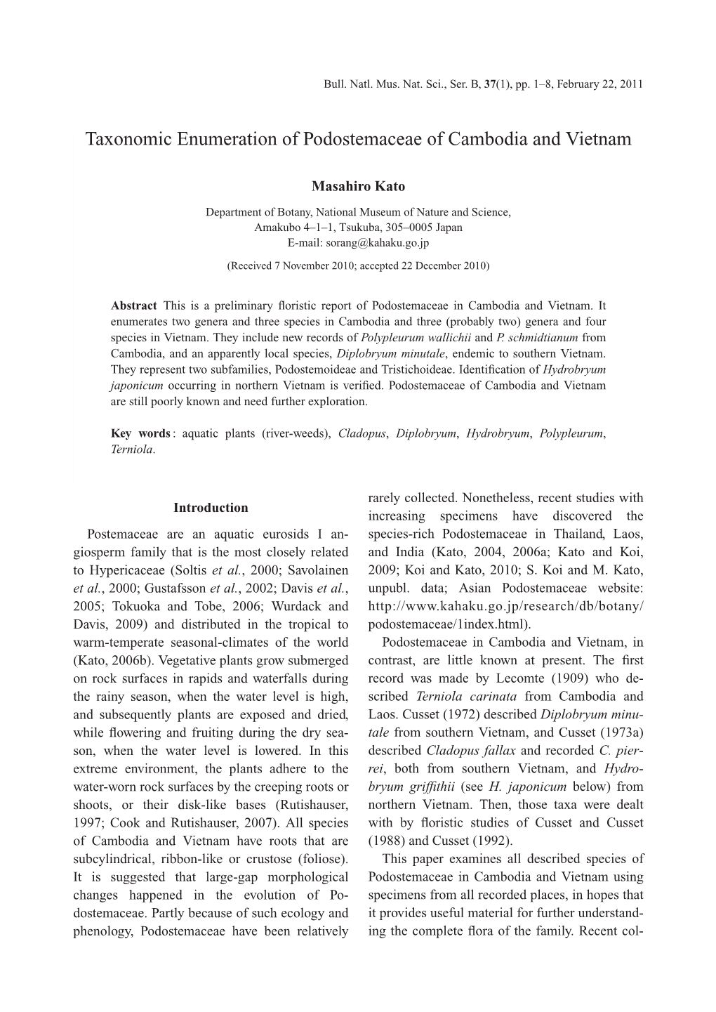 Taxonomic Enumeration of Podostemaceae of Cambodia and Vietnam