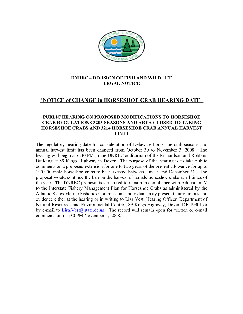 Notice of Change in Horseshoe Crab Hearing Date