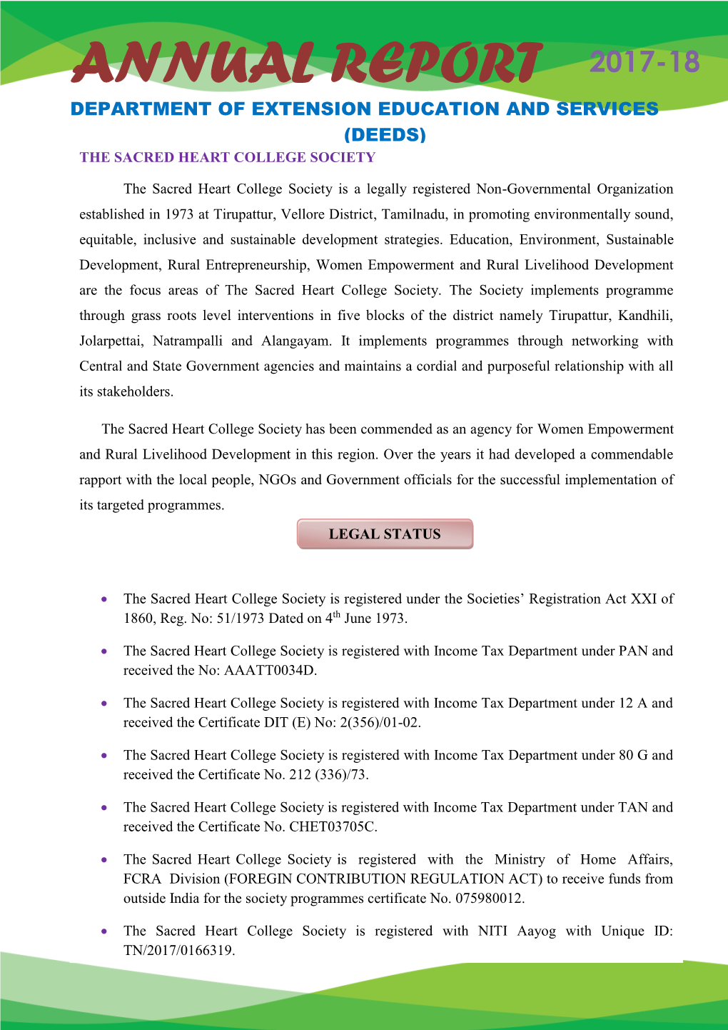 Annual Report 2017-18 Department of Extension Education and Services (Deeds) the Sacred Heart College Society