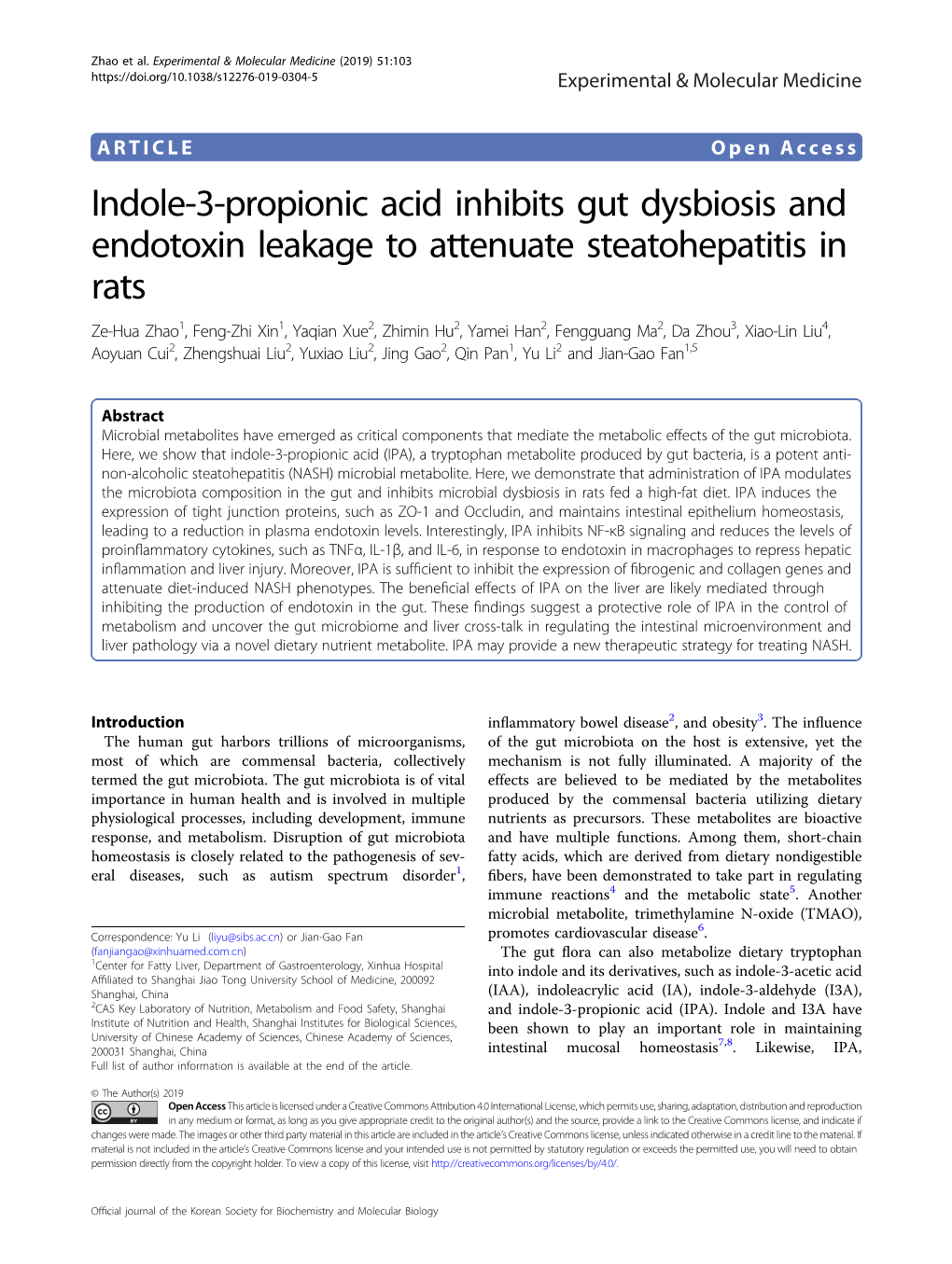 Indole-3-Propionic Acid Inhibits Gut Dysbiosis and Endotoxin