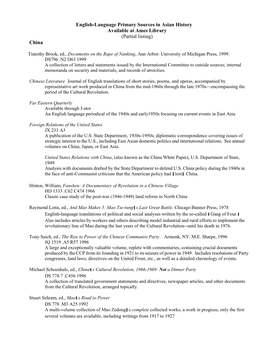 English-Language Primary Sources in Asian History Available at Ames Library (Partial Listing) China