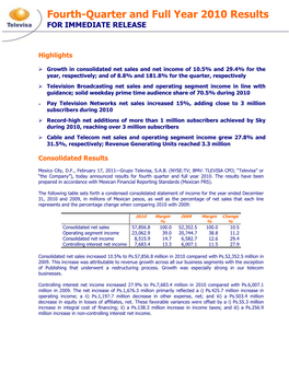Fourth-Quarter and Full Year 2010 Results for IMMEDIATE RELEASE