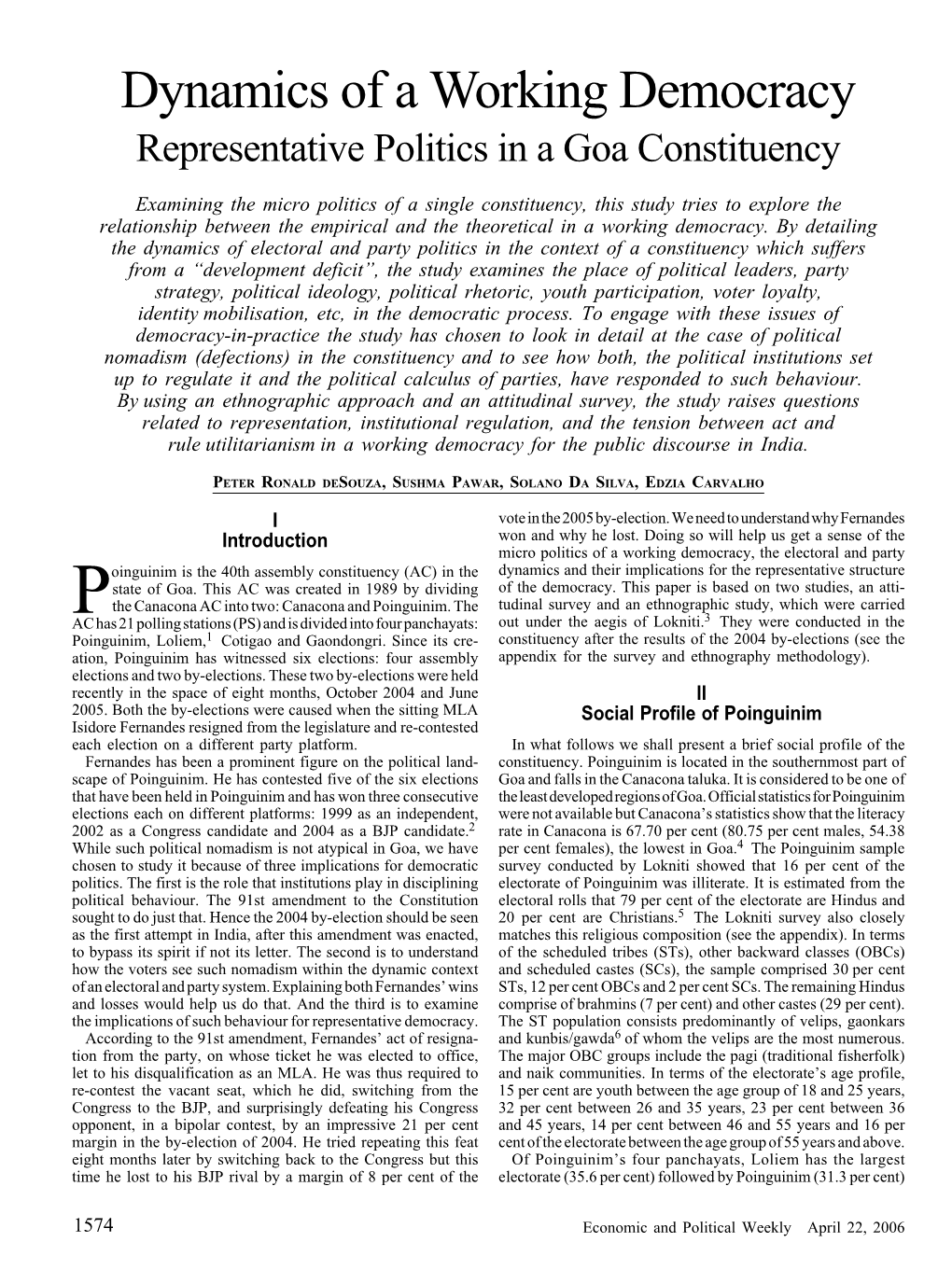 Dynamics of a Working Democracy Representative Politics in a Goa Constituency