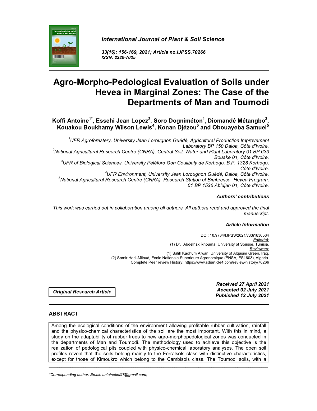 Agro-Morpho-Pedological Evaluation of Soils Under Hevea in Marginal Zones: the Case of the Departments of Man and Toumodi