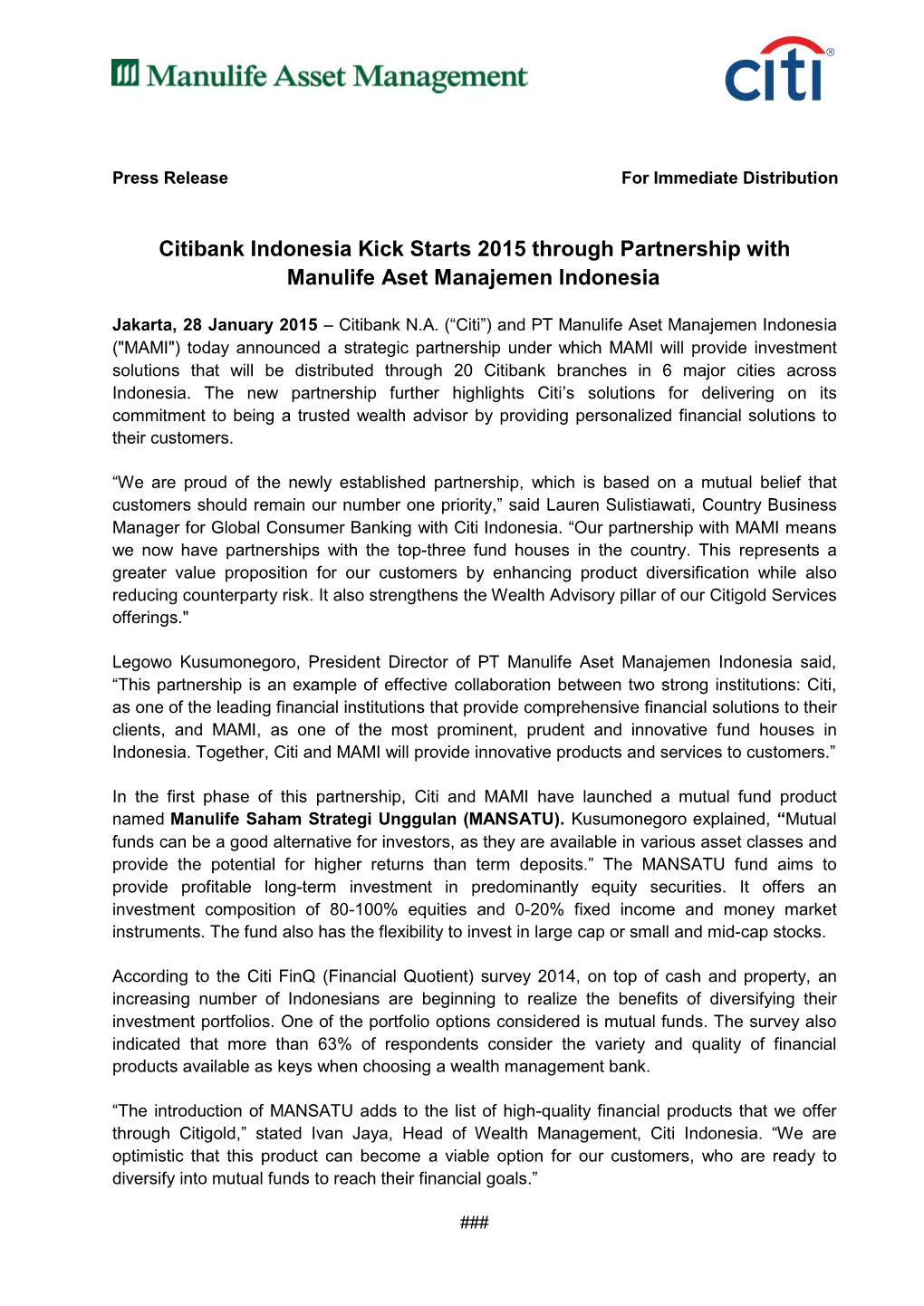 Citibank Indonesia Kick Starts 2015 Through Partnership with Manulife