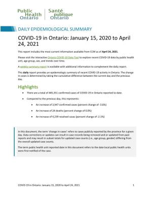 COVID-19 in Ontario: January 15, 2020 to April 24, 2021