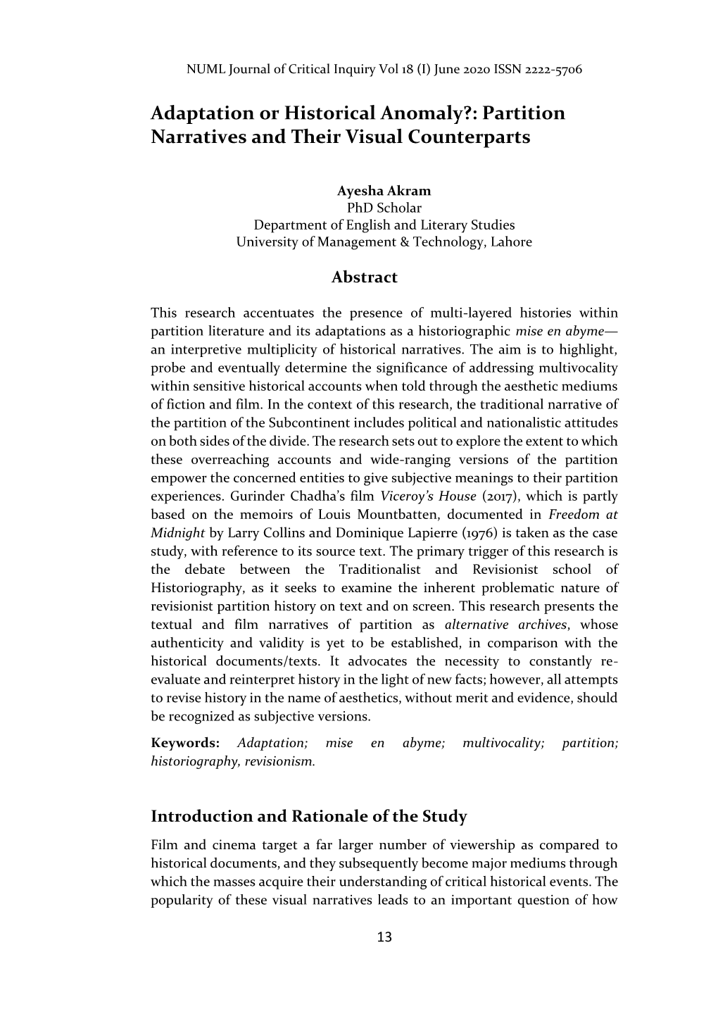 Adaptation Or Historical Anomaly?: Partition Narratives and Their Visual Counterparts