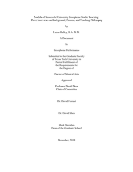 Models of Successful University Saxophone Studio Teaching: Three Interviews on Background, Process, and Teaching Philosophy