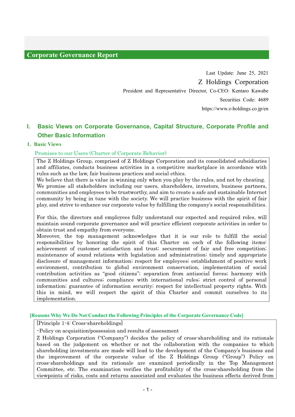 Corporate Governance Report Z Holdings Corporation