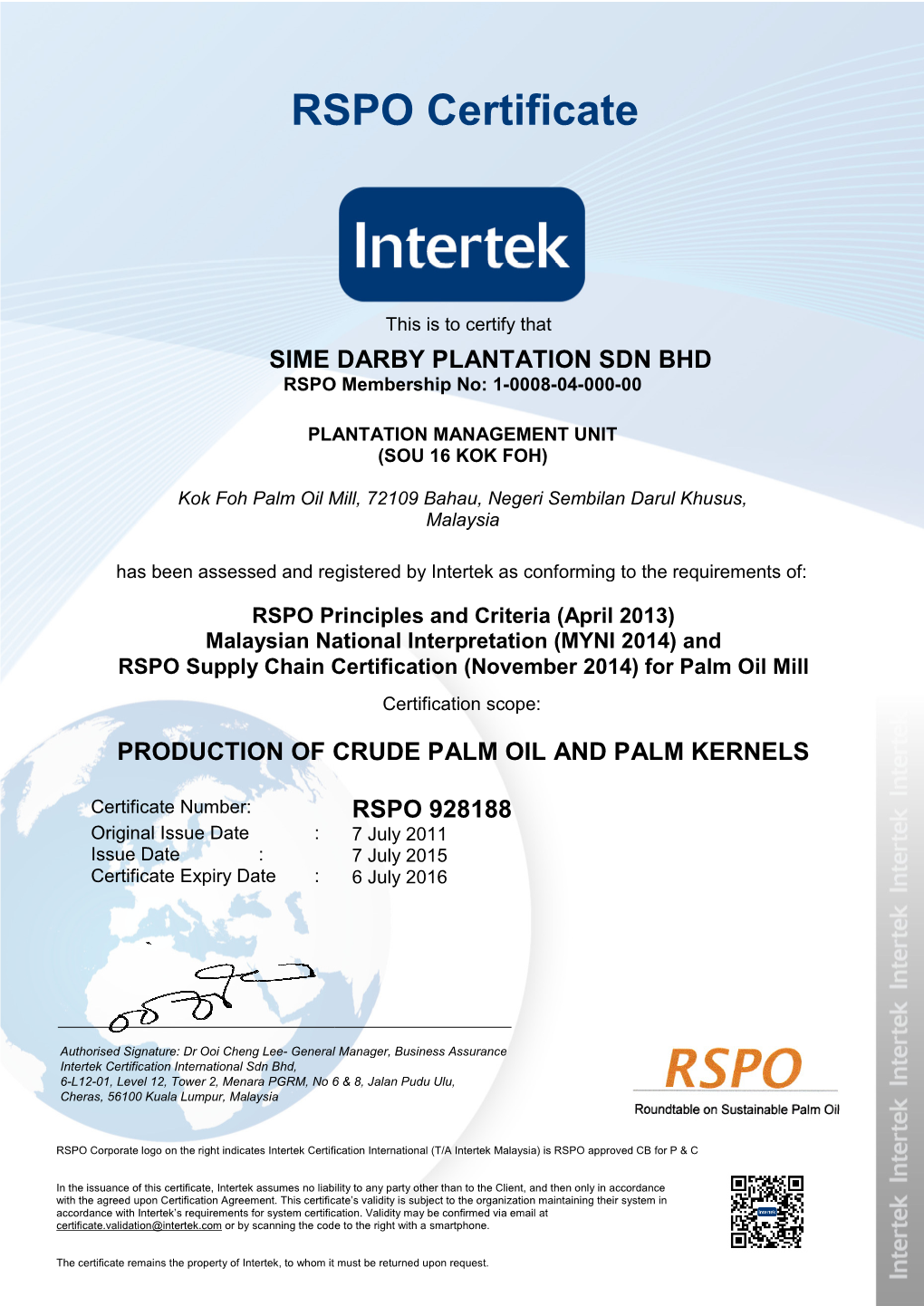 RSPO Certificate