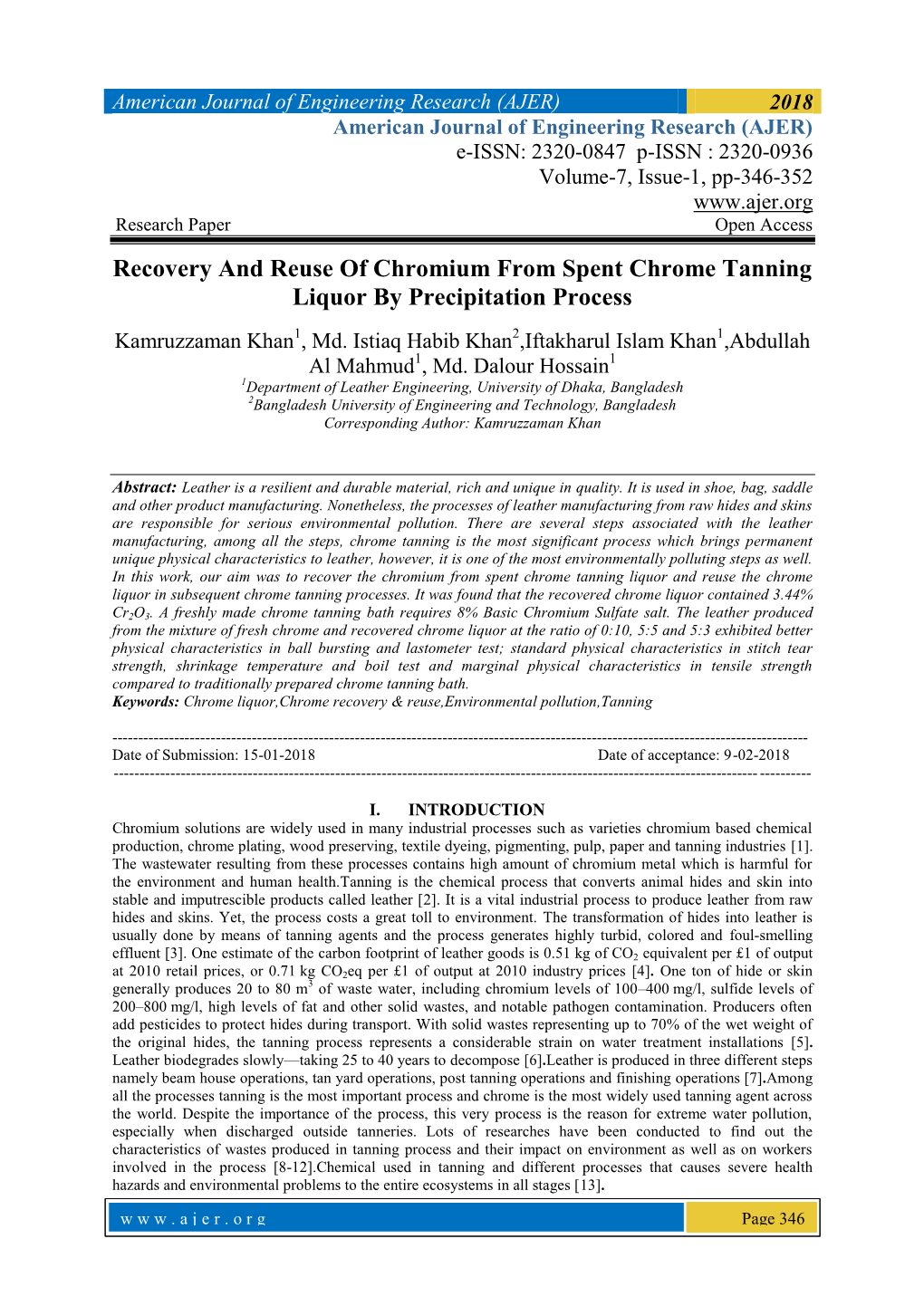 Recovery and Reuse of Chromium from Spent Chrome Tanning Liquor by Precipitation Process