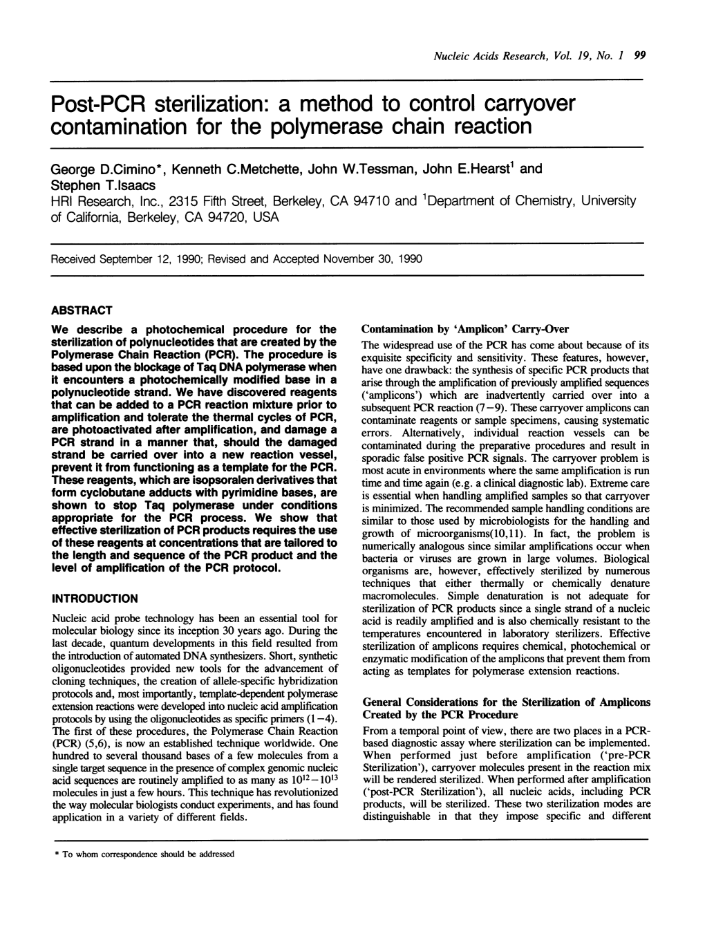 Post-PCR Sterilization: a Method to Control Carryover Contamination for the Polymerase Chain Reaction