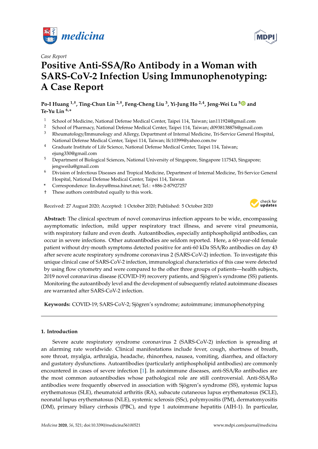 Positive Anti-SSA/Ro Antibody in a Woman with SARS-Cov-2 Infection Using Immunophenotyping: a Case Report