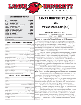 Lamar University (0-0) Vs. Texas College (0-1)