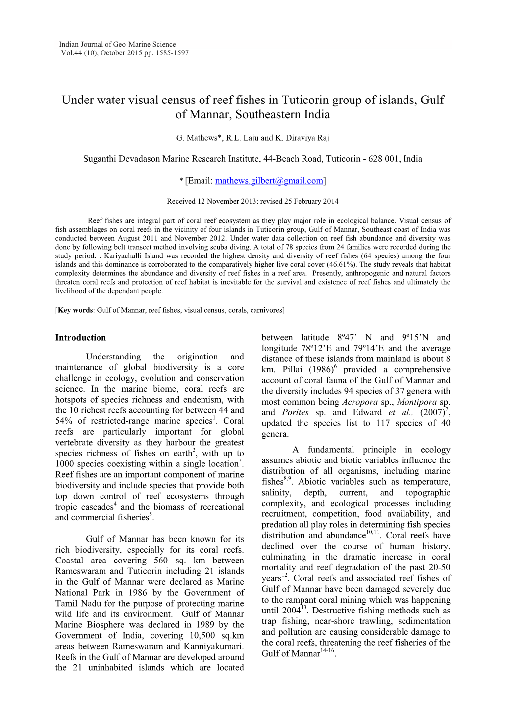 Under Water Visual Census of Reef Fishes in Tuticorin Group of Islands, Gulf of Mannar, Southeastern India