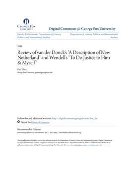 Review of Van Der Donck's "A Description of New Netherland" and Wendell's "To Do Justice to Him & Myself " Paul Otto George Fox University, Potto@Georgefox.Edu