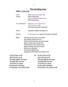 The Lion King Lyrics SONG 1 : Circle of Life