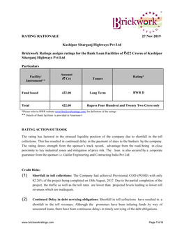 RATING RATIONALE 27 Nov 2019 Kashipur Sitarganj Highways Pvt