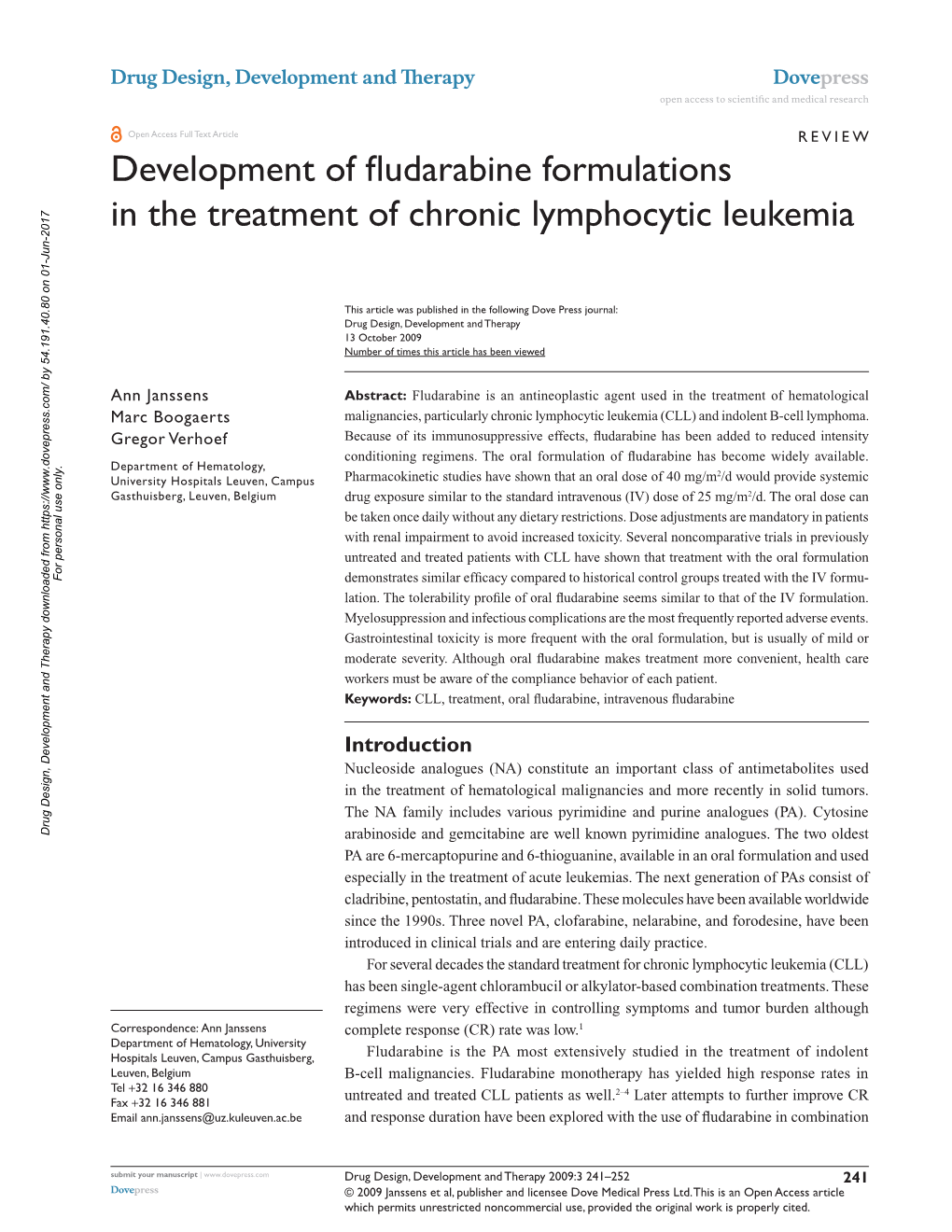 Development of Fludarabine Formulations in the Treatment of Chronic Lymphocytic Leukemia