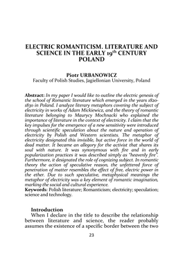ELECTRIC ROMANTICISM. LITERATURE and SCIENCE in the EARLY 19Th CENTURY POLAND