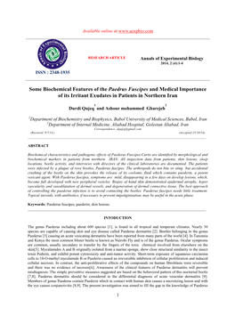 Some Biochemical Features of the Paedrus Fuscipes and Medical Importance of Its Irritant Exudates in Patients in Northern Iran