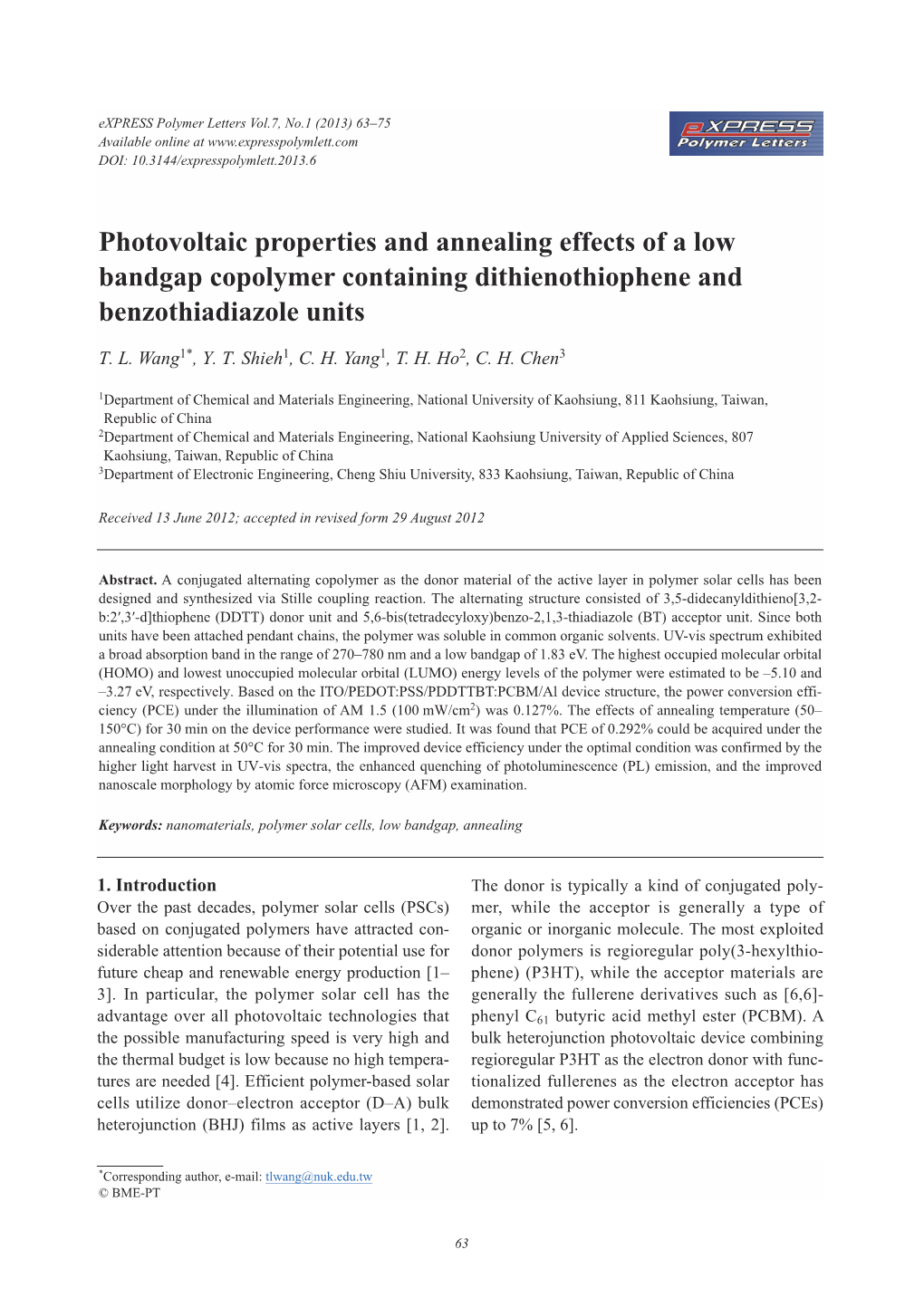 Photovoltaic Properties and Annealing Effects of a Low Bandgap Copolymer Containing Dithienothiophene and Benzothiadiazole Units