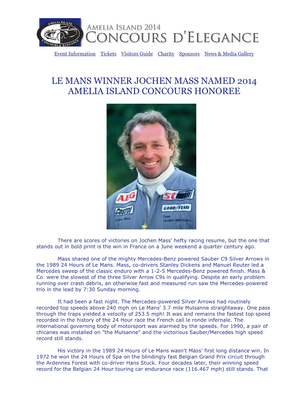 Le Mans Winner Jochen Mass Named 2014 Amelia Island Concours Honoree