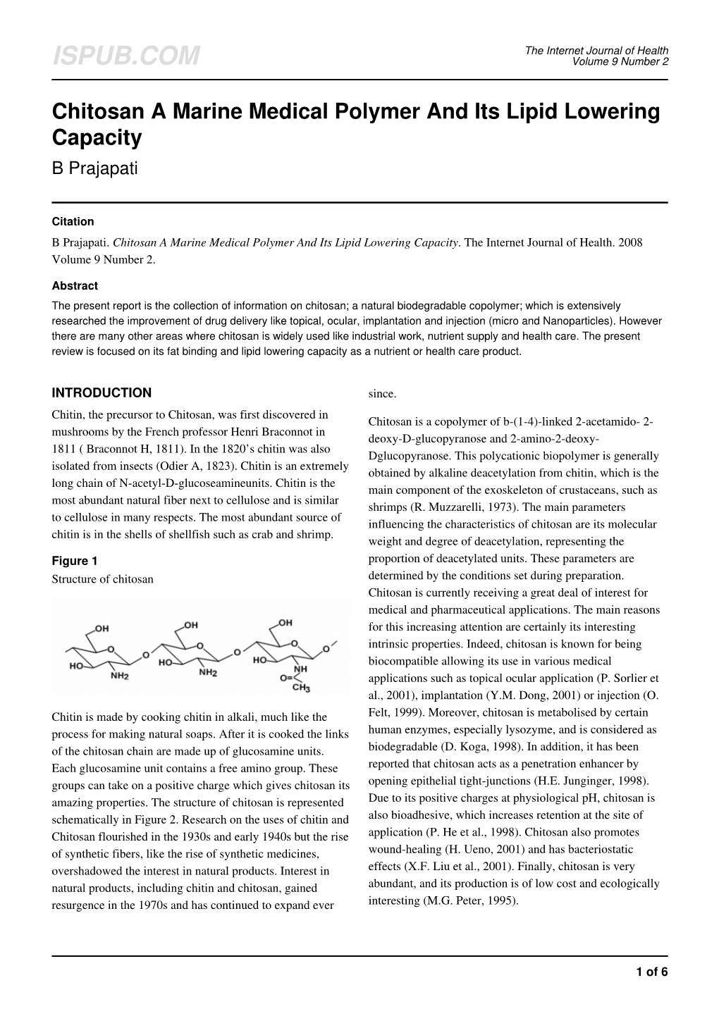 Chitosan a Marine Medical Polymer and Its Lipid Lowering Capacity B Prajapati