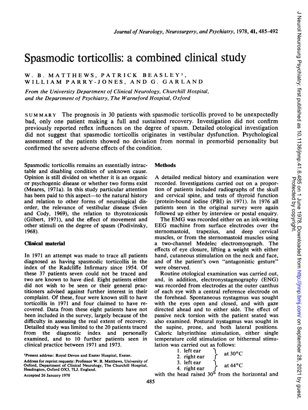 Spasmodic Torticollis: a Combined Clinical Study