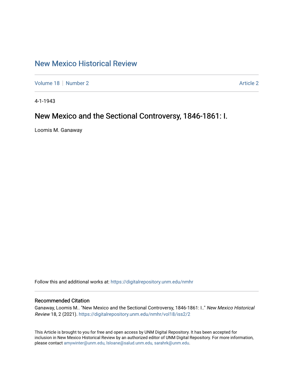 New Mexico and the Sectional Controversy, 1846-1861: I
