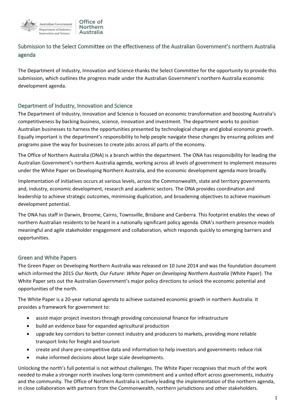 Submission to the Select Committee on the Effectiveness of the Australian Government’S Northern Australia Agenda