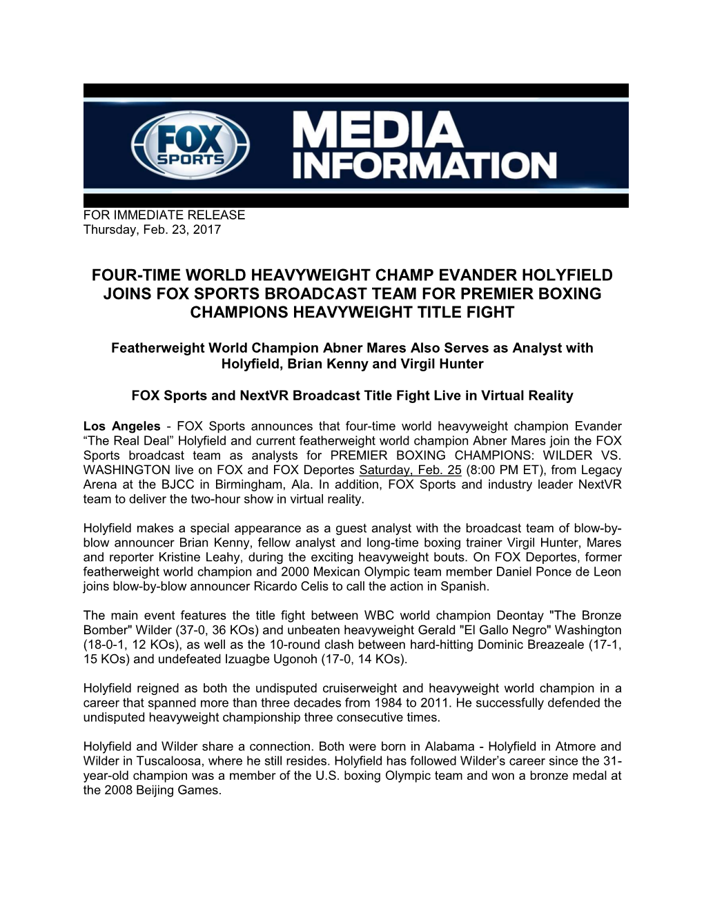 Four-Time World Heavyweight Champ Evander Holyfield Joins Fox Sports Broadcast Team for Premier Boxing Champions Heavyweight Title Fight