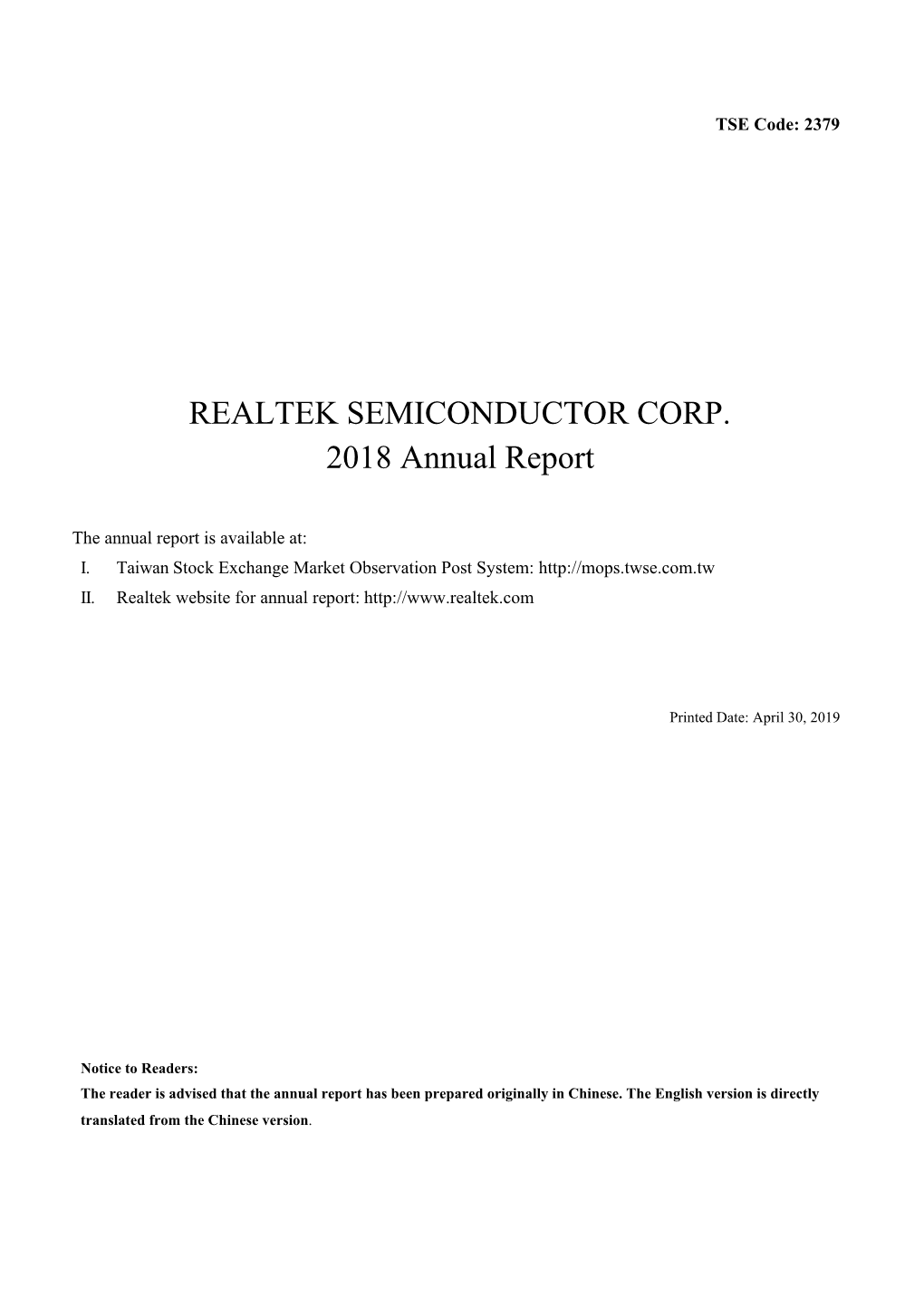 REALTEK SEMICONDUCTOR CORP. 2018 Annual Report