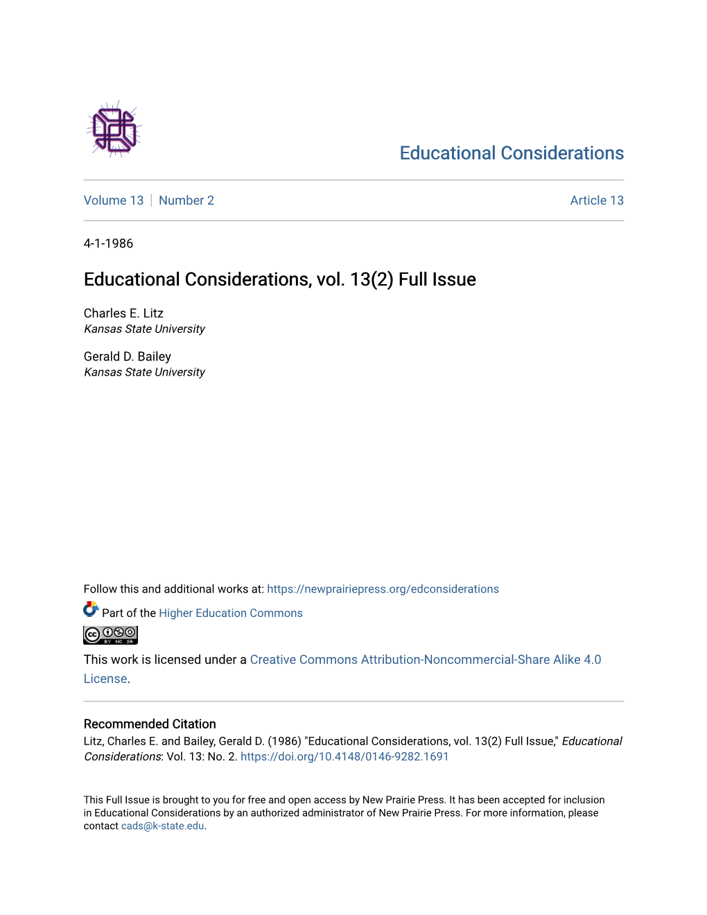 Educational Considerations, Vol. 13(2) Full Issue