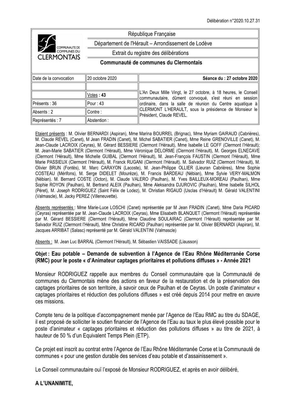 République Française Département De L'hérault – Arrondissement De Lodève Extrait Du Registre Des Délibérations
