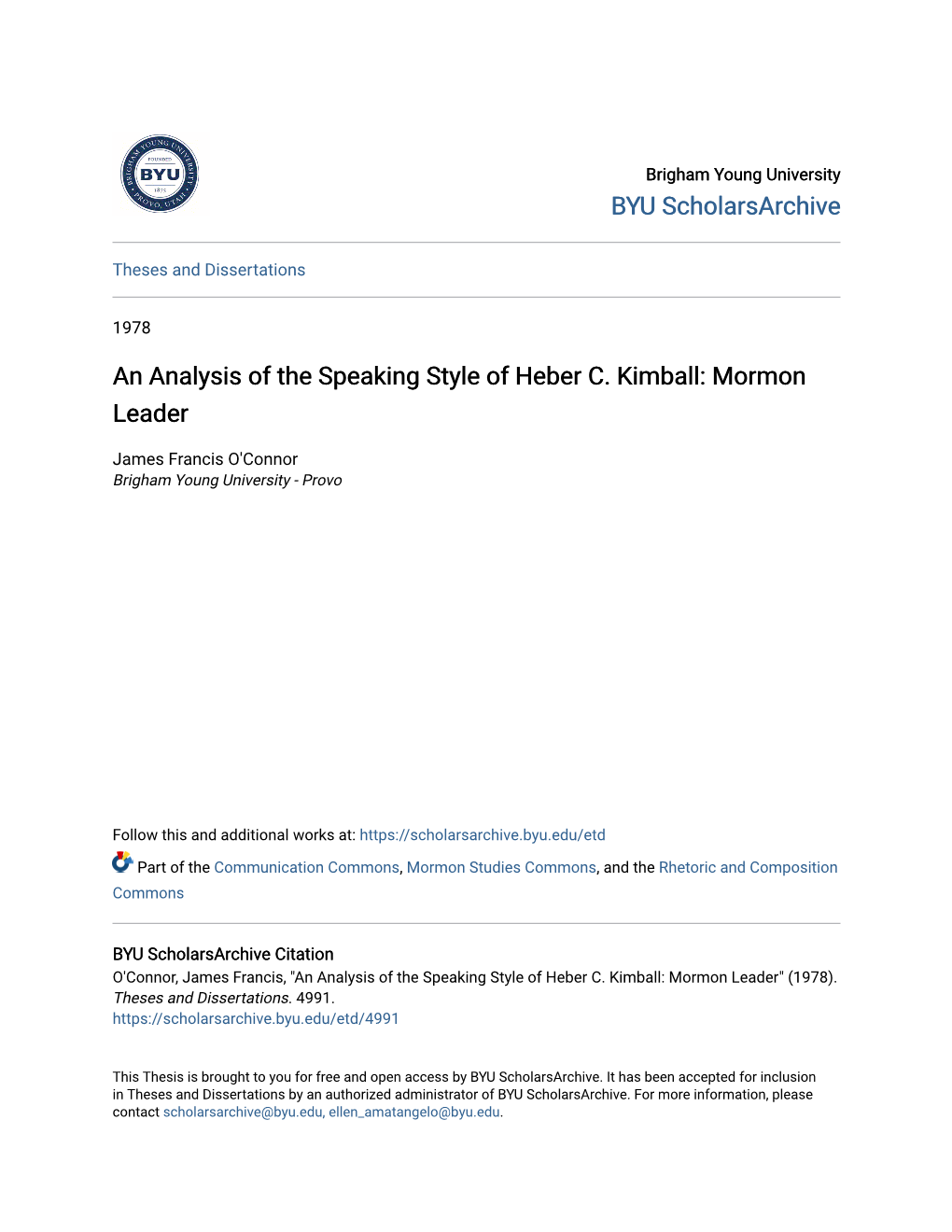 An Analysis of the Speaking Style of Heber C. Kimball: Mormon Leader