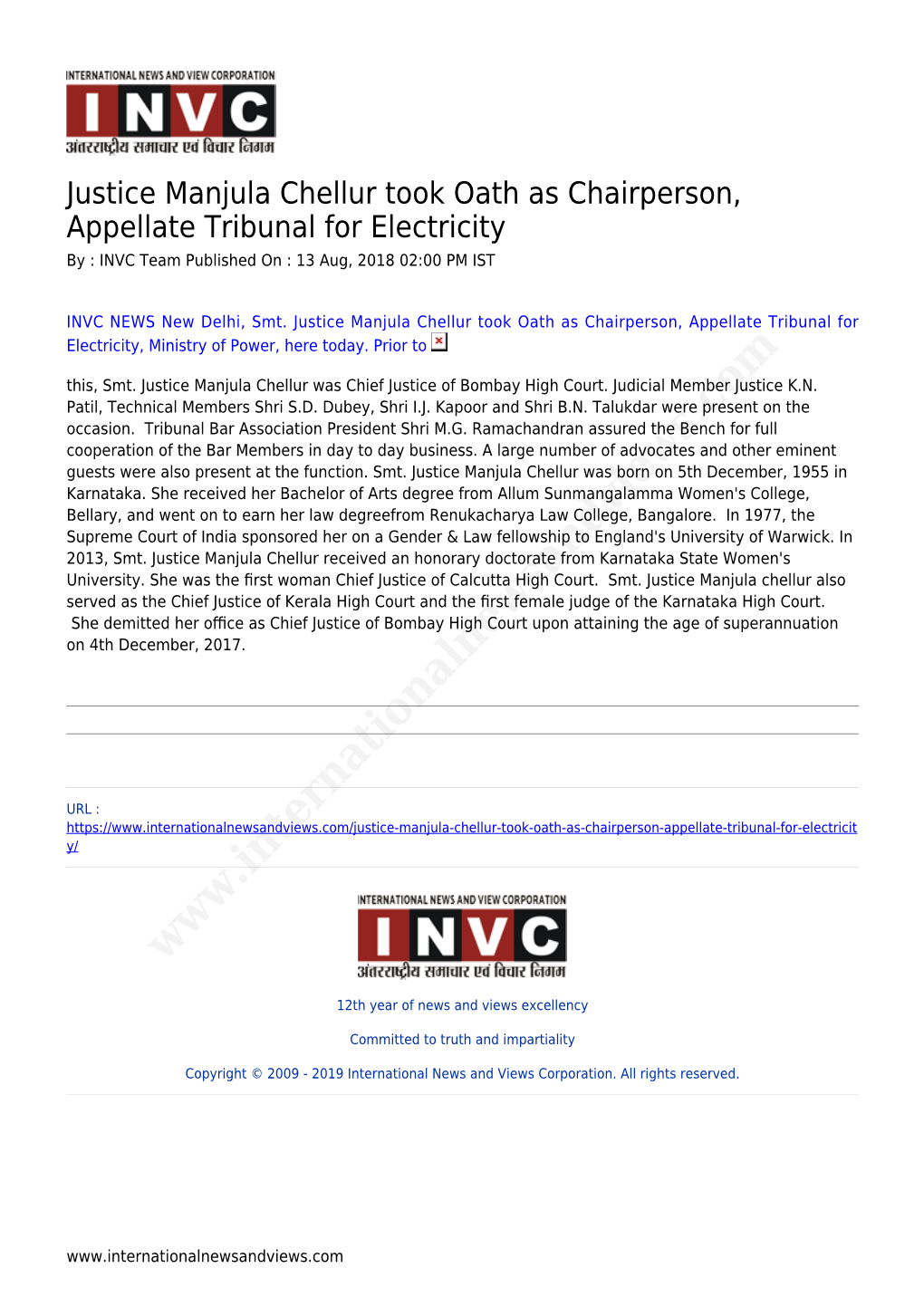 Justice Manjula Chellur Took Oath As Chairperson, Appellate Tribunal for Electricity by : INVC Team Published on : 13 Aug, 2018 02:00 PM IST