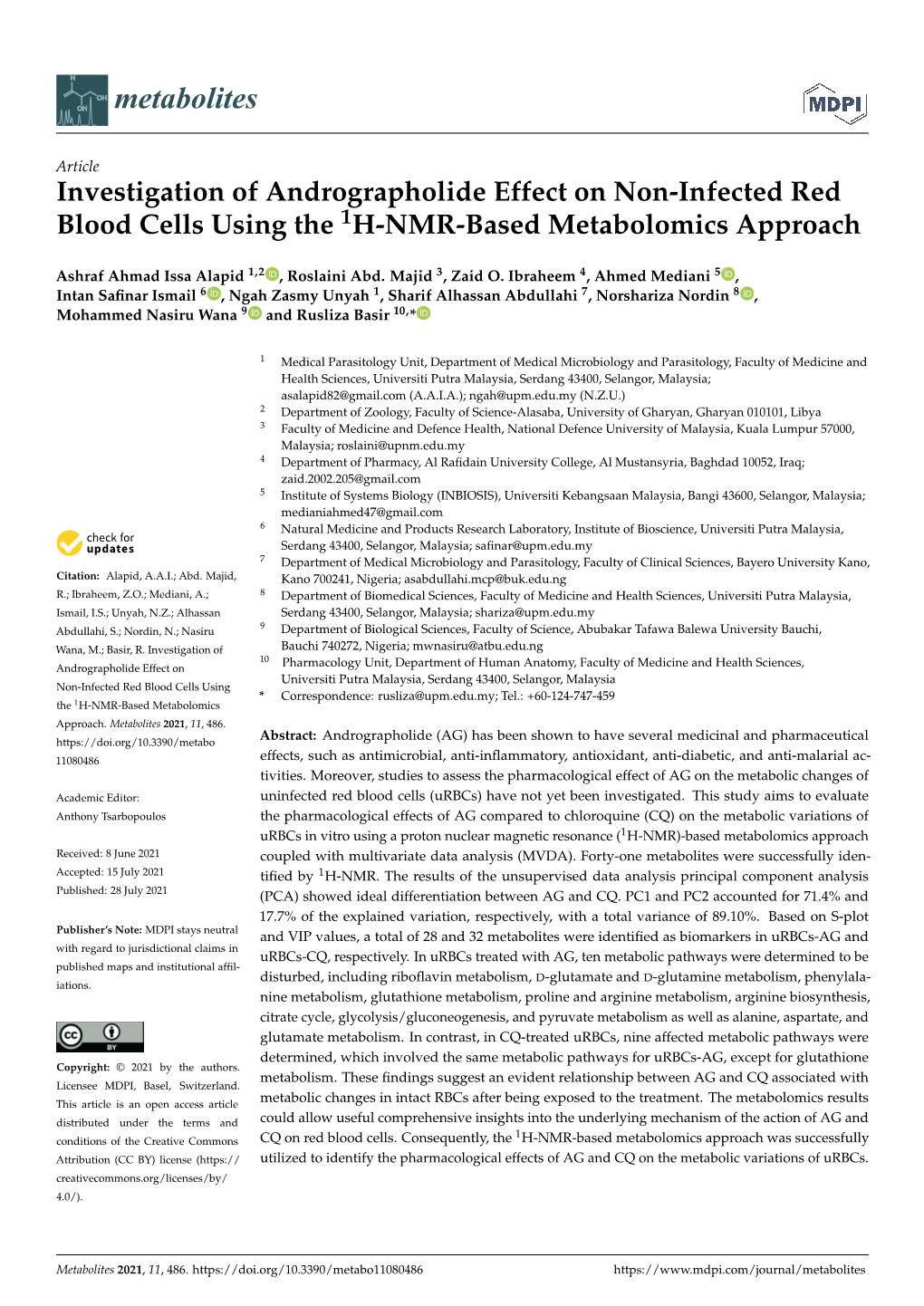 Investigation of Andrographolide Effect on Non-Infected Red Blood Cells Using the 1H-NMR-Based Metabolomics Approach