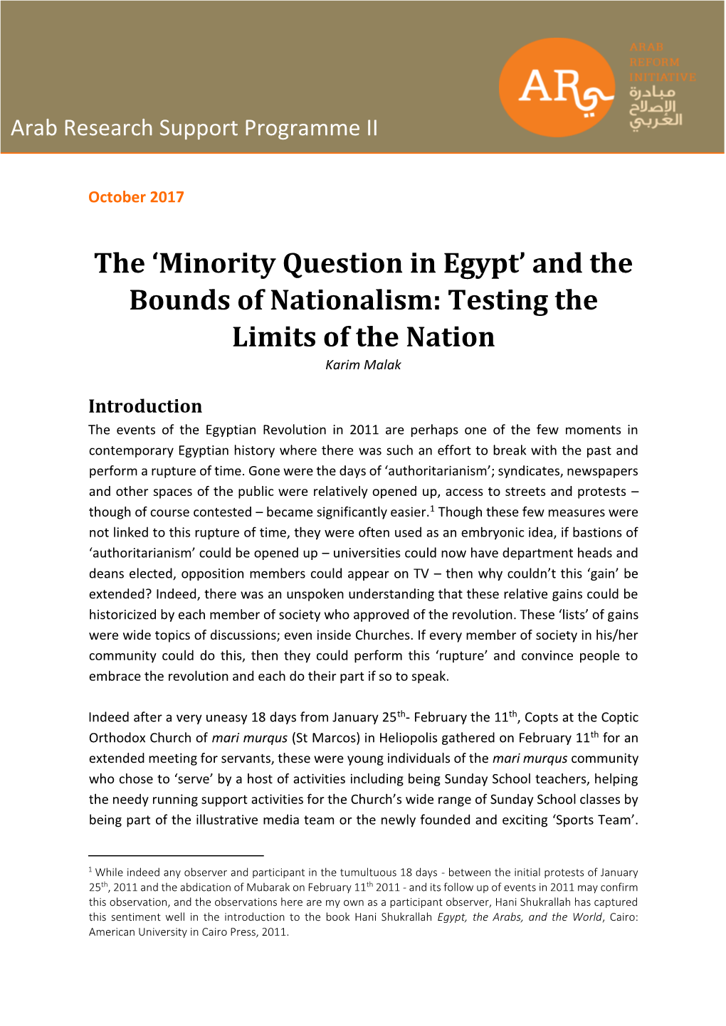 Minority Question in Egypt’ and the Bounds of Nationalism: Testing The