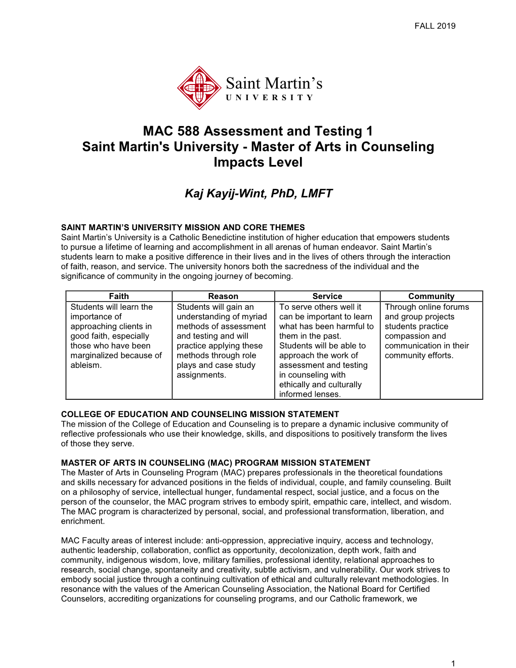 MAC 588 Assessment and Testing 1 Saint Martin's University - Master of Arts in Counseling Impacts Level